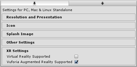 Unity Player Settings - Vuroria Augumented Reality Support