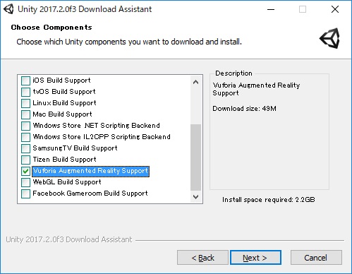 UnityDownloadAssistant 2017.2.0f3 Choose Components - Vuroria Augumented Reality Support